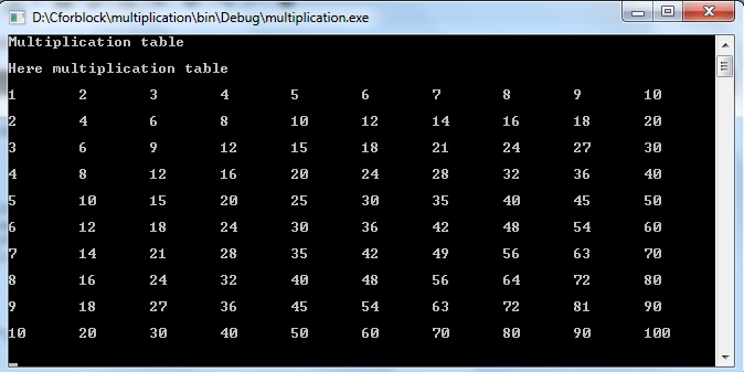 C program to create multiplication table