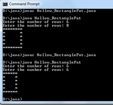 Java Program to Print Hollow rectangle and square Number pattern