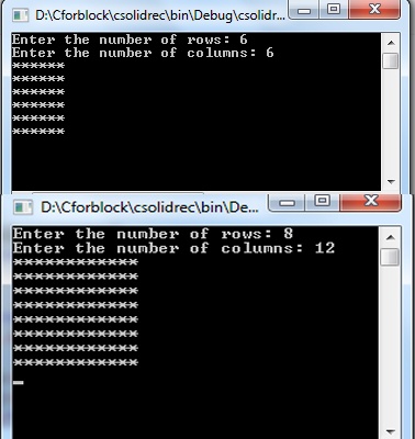 C program for print solid rectangle and square star pattern