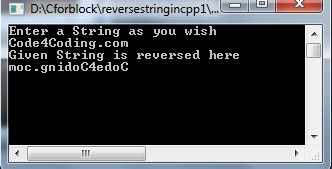 C++ program to create reverse of a string using loops