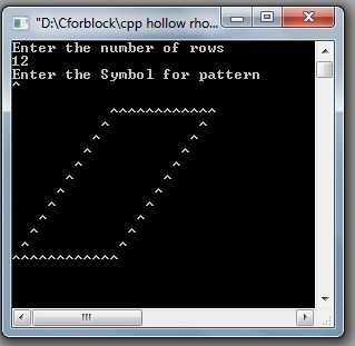 C++ code to print Rhombus and Hollow Rhombus star pattern using for loop