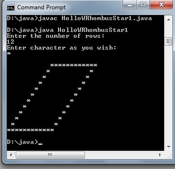 Rhombus and Hollow Rhombus star pattern in Java using for loop