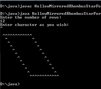 Java program to Mirrored and Hollow mirrored Rhombus star pattern using for loop